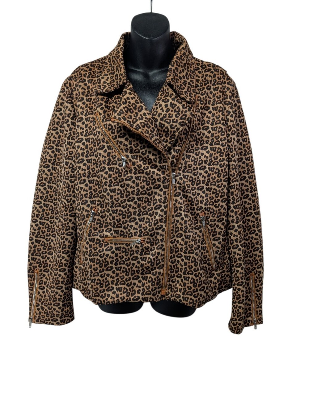 Women's Leopard Print Biker Jacket Brown/Black Size 2XL Full Zip Lined